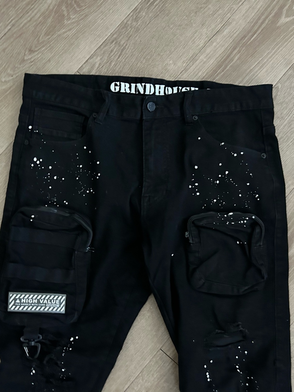 GRINDHOUSE Black Cargo Pants with Paint-Splatter Detail
